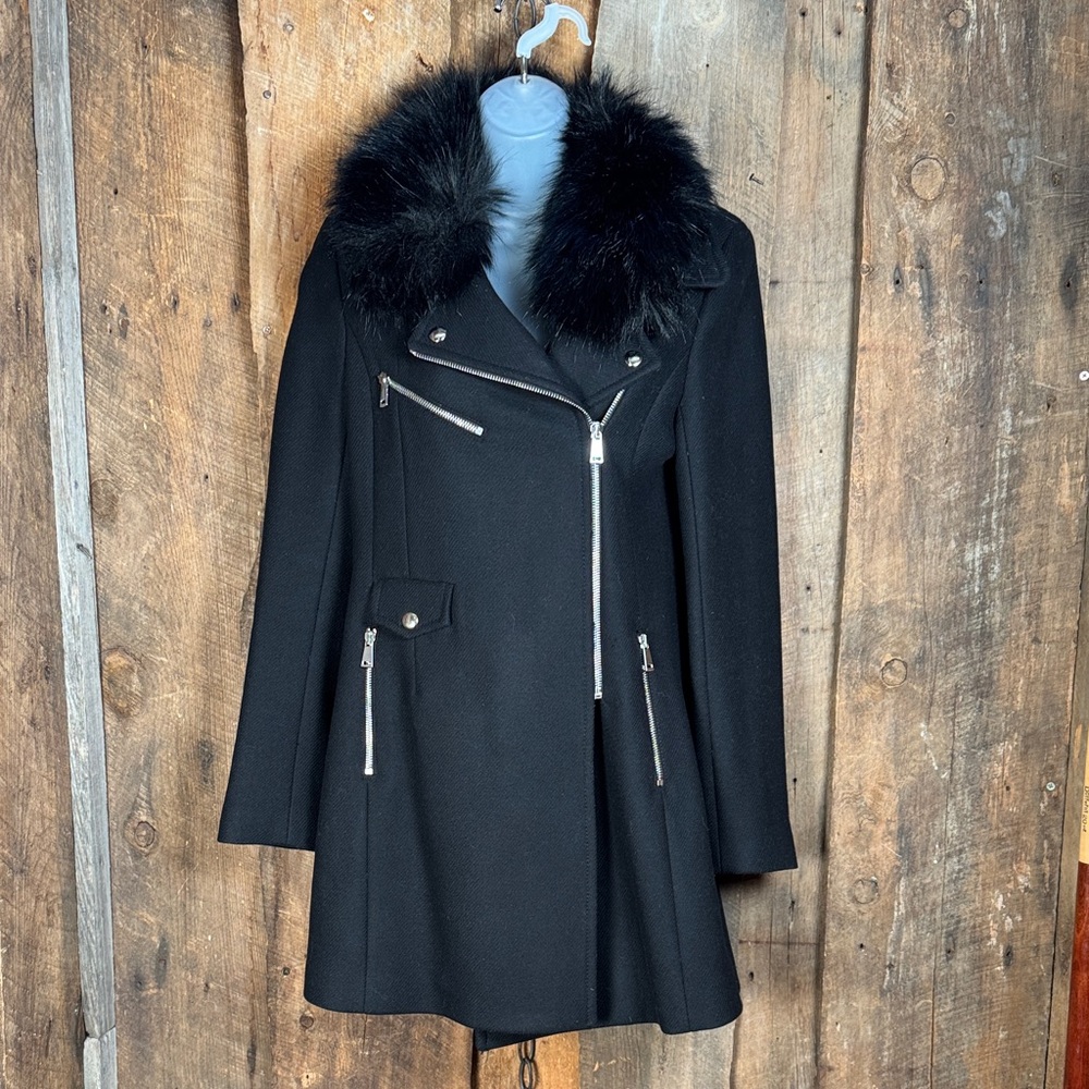 Zara Black Wool Coat with Removeable Faux Fur Collar
